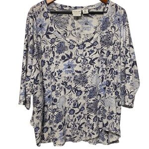 Rachel Zoe 100% Linen Blue Floral Boho Top Womens Size 1X V-neck 3/4 Sleeve